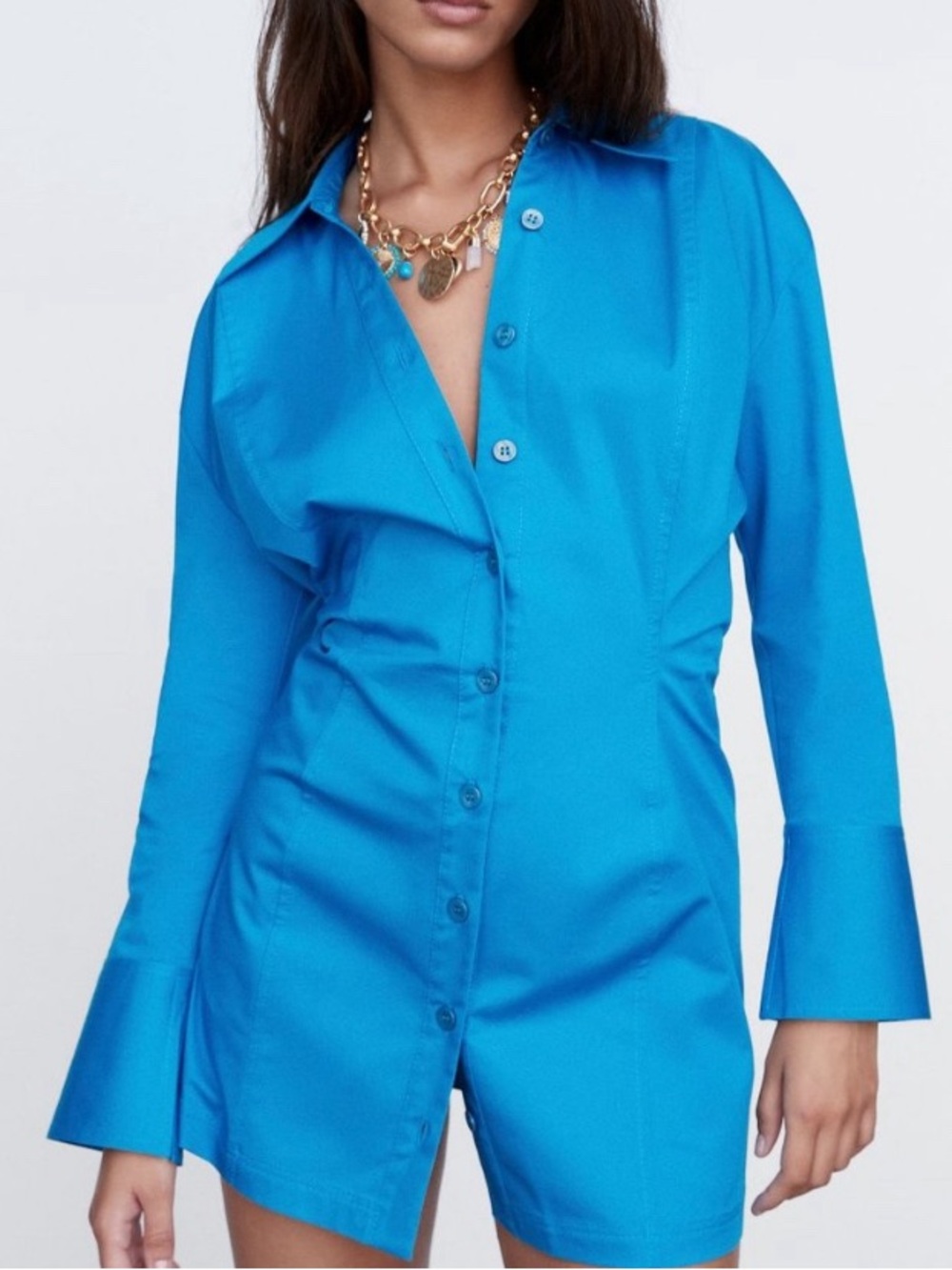 Zara Turquoise Button-Front Cotton Shirt Dress Size S